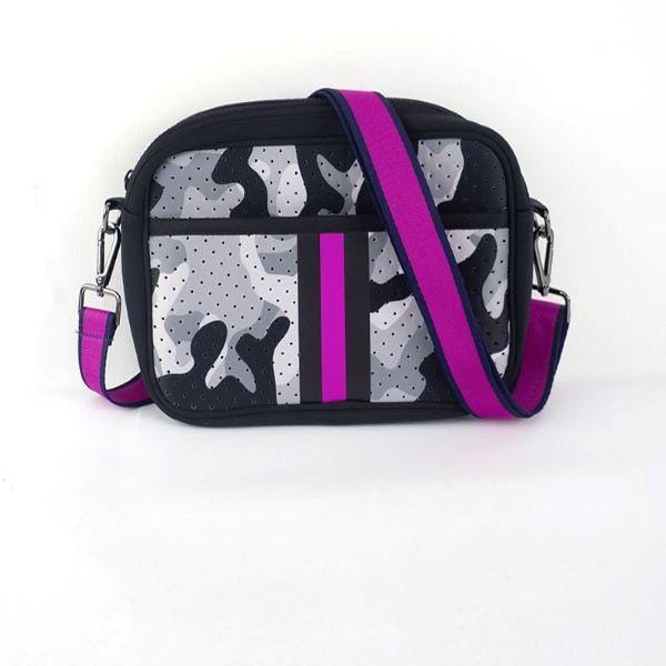 The Spencer Crossbody Messenger Bag - Gray and Black Camo with Purple & Black Stripe - The Sweet Life by B. Lee