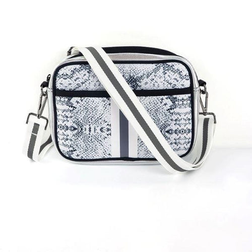 The Spencer  Crossbody Messenger Bag - Silver Snakeskin with Gray and White Stripe - The Sweet Life by B. Lee