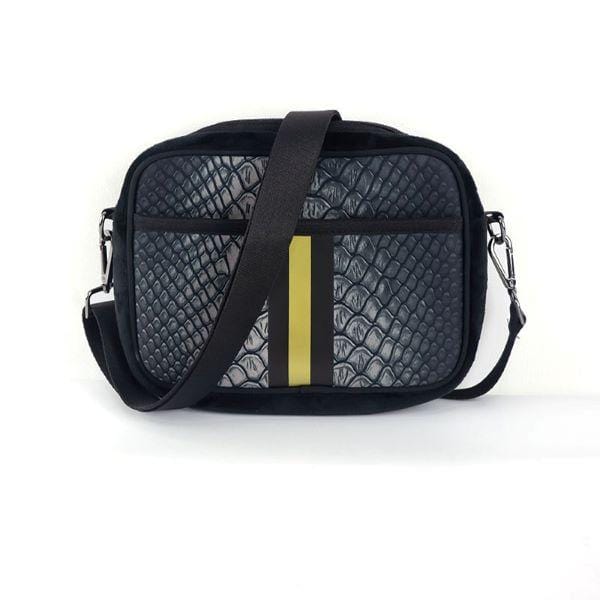The Spencer Crossbody Messenger Bag - Black Textured Bag with Black & Gold Stripe - The Sweet Life by B. Lee