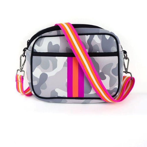 The Spencer Crossbody Messenger Bag - Gray Camo with Pink & Orange Stripe - The Sweet Life by B. Lee
